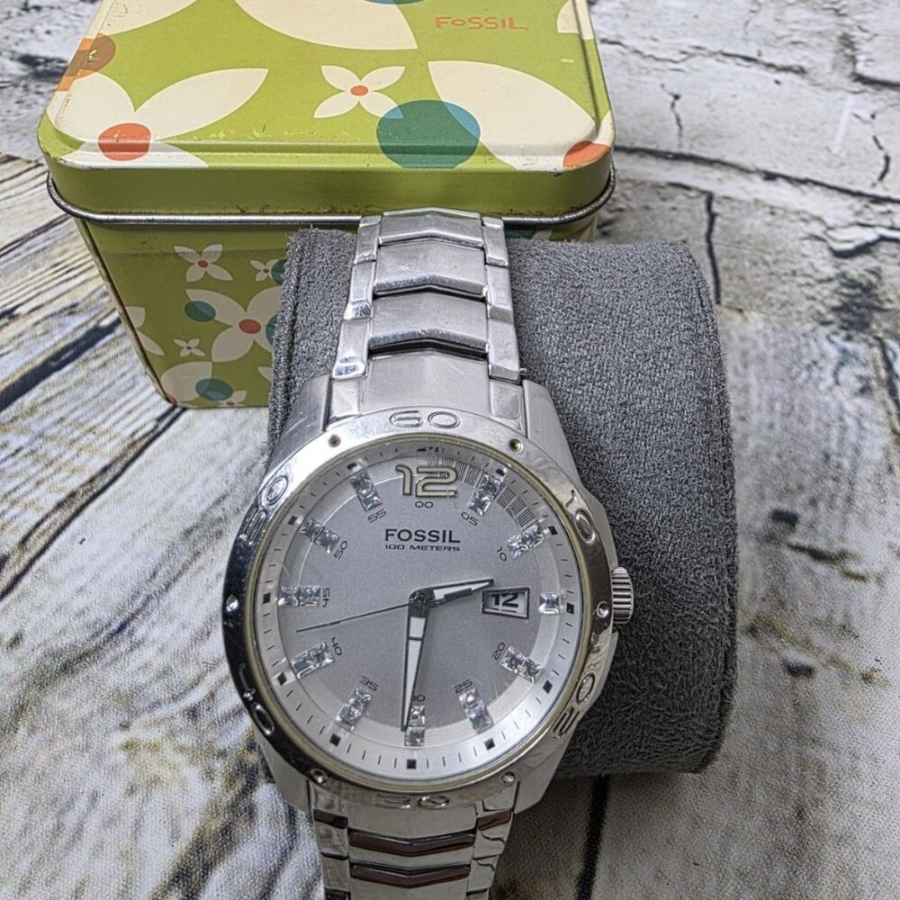 Fossil Mens Retro Watch AM4116 Stainless Steel Works Needs Battery w Box